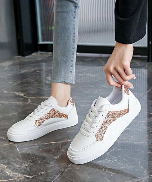 ローカットスニーカー スパンコール靴美脚 韓国風カジュアル フラットシューズ 歩きやすい おしゃれPUレザースニーカー 通勤通学レースアップスニーカー 履きやすい 83RAJL-017