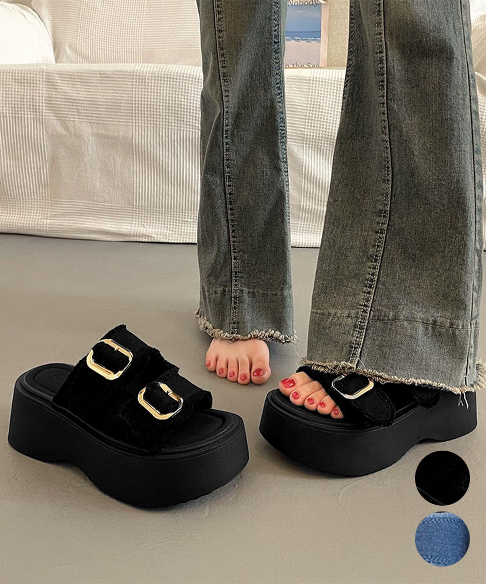 ダブルバックルサンダルデニム厚底サンダル