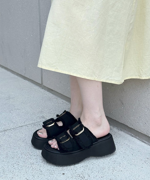 ダブルバックルサンダルデニム厚底サンダル ダブルベルト プラットフォームサンダル 履きやすい コンフォートサンダル 歩きやすい 身長アップサンダル カジュアル夏靴 83RAJL-020