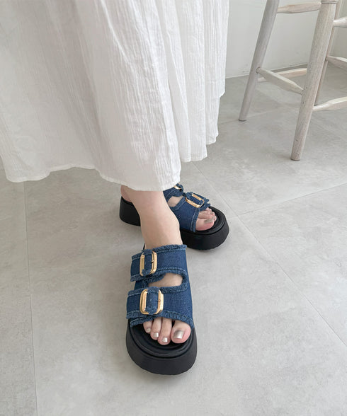ダブルバックルサンダルデニム厚底サンダル ダブルベルト プラットフォームサンダル 履きやすい コンフォートサンダル 歩きやすい 身長アップサンダル カジュアル夏靴 83RAJL-020