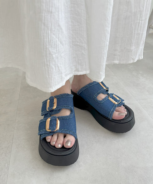 ダブルバックルサンダルデニム厚底サンダル ダブルベルト プラットフォームサンダル 履きやすい コンフォートサンダル 歩きやすい 身長アップサンダル カジュアル夏靴 83RAJL-020