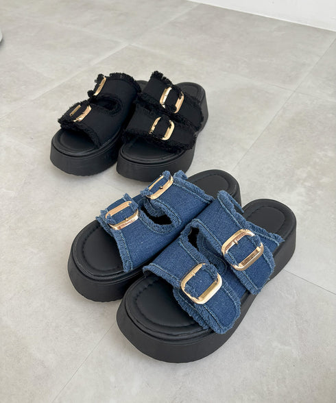 ダブルバックルサンダルデニム厚底サンダル ダブルベルト プラットフォームサンダル 履きやすい コンフォートサンダル 歩きやすい 身長アップサンダル カジュアル夏靴 83RAJL-020