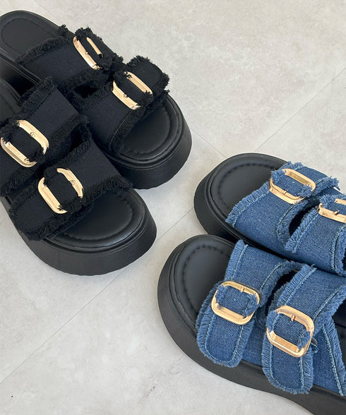 ダブルバックルサンダルデニム厚底サンダル ダブルベルト プラットフォームサンダル 履きやすい コンフォートサンダル 歩きやすい 身長アップサンダル カジュアル夏靴 83RAJL-020