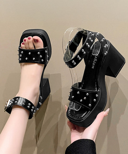 スタッズ 厚底サンダル チャンキーヒール レディース 歩きやすい カッコいいサンダル 太めヒール アンクルストラップ 美脚脚長 おしゃれサンダル メタリック 夏靴 83RAJL-021