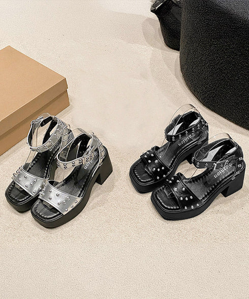 スタッズ 厚底サンダル チャンキーヒール レディース 歩きやすい カッコいいサンダル 太めヒール アンクルストラップ 美脚脚長 おしゃれサンダル メタリック 夏靴 83RAJL-021