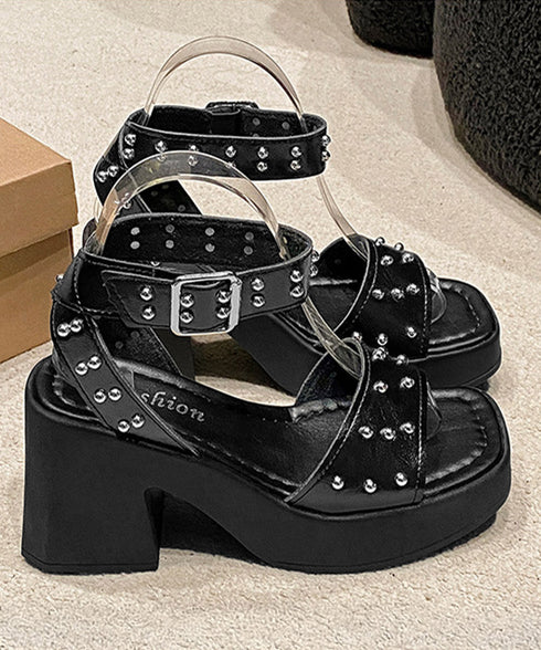 スタッズ 厚底サンダル チャンキーヒール レディース 歩きやすい カッコいいサンダル 太めヒール アンクルストラップ 美脚脚長 おしゃれサンダル メタリック 夏靴 83RAJL-021