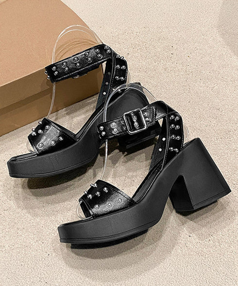 スタッズ 厚底サンダル チャンキーヒール レディース 歩きやすい カッコいいサンダル 太めヒール アンクルストラップ 美脚脚長 おしゃれサンダル メタリック 夏靴 83RAJL-021