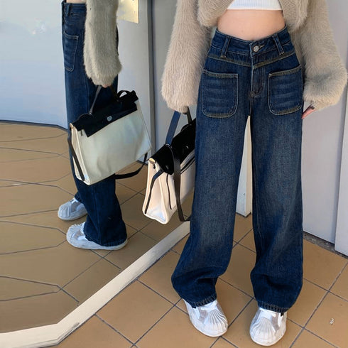 デニム ストレートパンツ ジーンズ 韓国 お洒落 ハイウエストデニムパンツ レディース フロントポケット ウォッシュ加工デニム 体型カバー美脚脚長 大人カジュアル 83RKAI-001