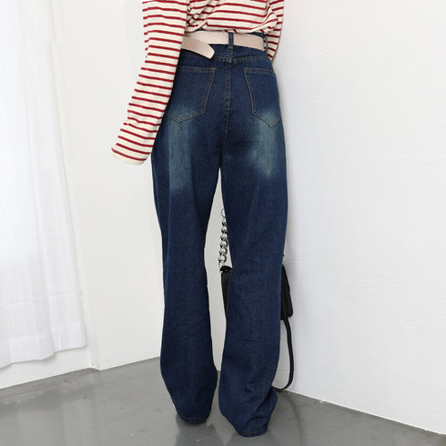 デニム ストレートパンツ ジーンズ 韓国 お洒落 ハイウエストデニムパンツ レディース フロントポケット ウォッシュ加工デニム 体型カバー美脚脚長 大人カジュアル 83RKAI-001