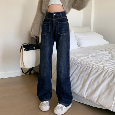 デニム ストレートパンツ ジーンズ 韓国 お洒落 ハイウエストデニムパンツ レディース フロントポケット ウォッシュ加工デニム 体型カバー美脚脚長 大人カジュアル 83RKAI-001