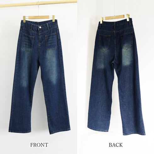 デニム ストレートパンツ ジーンズ 韓国 お洒落 ハイウエストデニムパンツ レディース フロントポケット ウォッシュ加工デニム 体型カバー美脚脚長 大人カジュアル 83RKAI-001