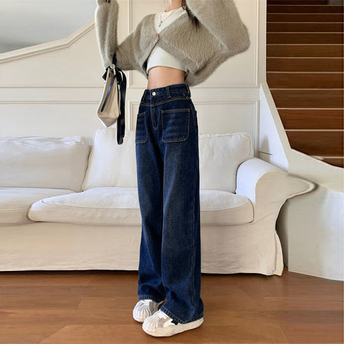 デニム ストレートパンツ ジーンズ 韓国 お洒落 ハイウエストデニムパンツ レディース フロントポケット ウォッシュ加工デニム 体型カバー美脚脚長 大人カジュアル 83RKAI-001
