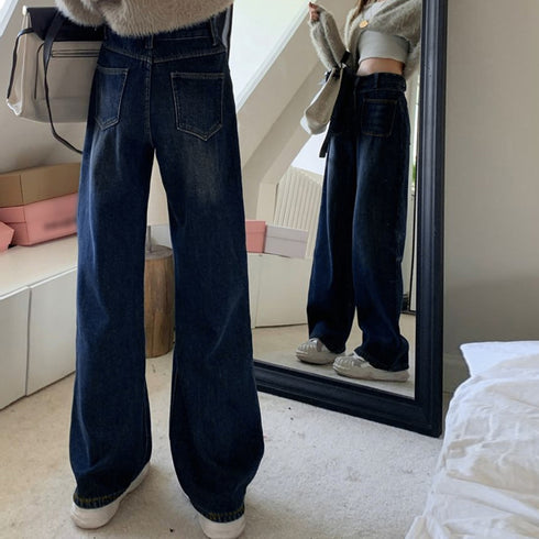 デニム ストレートパンツ ジーンズ 韓国 お洒落 ハイウエストデニムパンツ レディース フロントポケット ウォッシュ加工デニム 体型カバー美脚脚長 大人カジュアル 83RKAI-001