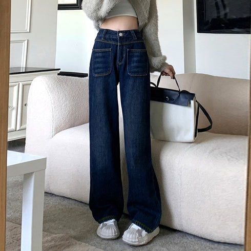 デニム ストレートパンツ ジーンズ 韓国 お洒落 ハイウエストデニムパンツ レディース フロントポケット ウォッシュ加工デニム 体型カバー美脚脚長 大人カジュアル 83RKAI-001
