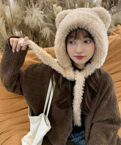 くま耳ニット帽 レディース もこもこ帽子 可愛い ベア耳 ニットキャップ ふわふわ 防風防寒帽子 あったたか小顔帽子 おしゃれ カジュアル 秋冬ぼうし人気 韓国風 83SINIU-001