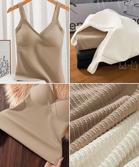 裏起毛キャミソールカップ付きタンクトップ カシュクール風ニットキャミ 暖かい ニットインナーキャミレディース 微起毛トップス裏フリース リブタンクトップ セクシー 83SMJ-001