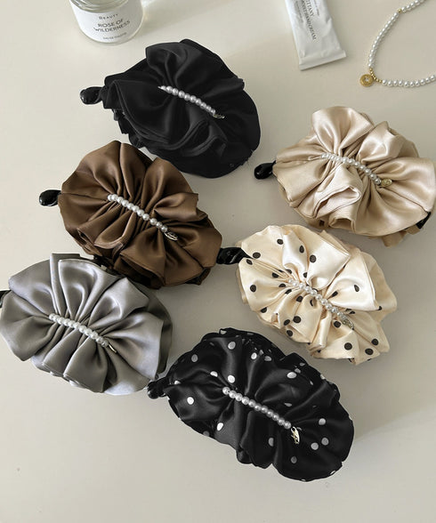 パールバナナクリップサテン風ヘアクリップ しっかり留まる大きめ髪留め 韓国風ヘアアクセサリー大人可愛い おしゃれハーフアップ 簡単ヘアアレンジグッズ ポニーテール 83SUIMIN-001