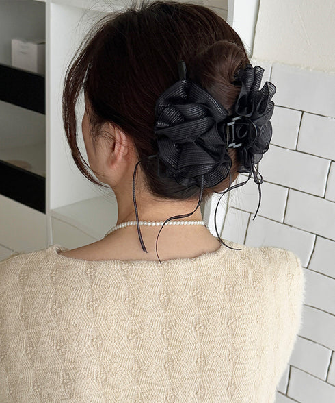 チュールバンスクリップリボンヘアクリップ バンスクリップ大きめ ビッグヘアクリップ ボリュームヘアアクセサリー 韓国風ヘアクリップ 大人可愛いヘアアクセ上品髪飾り 83SUIMIN-002