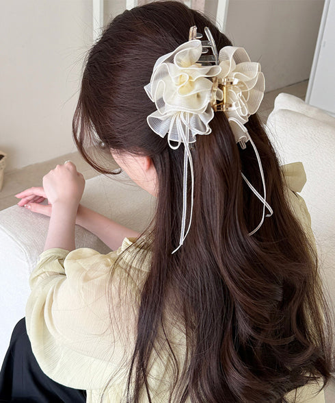 チュールバンスクリップリボンヘアクリップ バンスクリップ大きめ ビッグヘアクリップ ボリュームヘアアクセサリー 韓国風ヘアクリップ 大人可愛いヘアアクセ上品髪飾り 83SUIMIN-002
