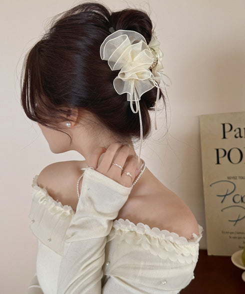 チュールバンスクリップリボンヘアクリップ バンスクリップ大きめ ビッグヘアクリップ ボリュームヘアアクセサリー 韓国風ヘアクリップ 大人可愛いヘアアクセ上品髪飾り 83SUIMIN-002