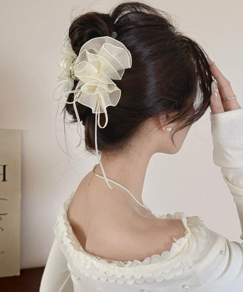 チュールバンスクリップリボンヘアクリップ バンスクリップ大きめ ビッグヘアクリップ ボリュームヘアアクセサリー 韓国風ヘアクリップ 大人可愛いヘアアクセ上品髪飾り 83SUIMIN-002