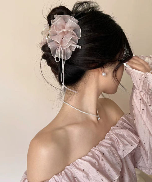チュールバンスクリップリボンヘアクリップ バンスクリップ大きめ ビッグヘアクリップ ボリュームヘアアクセサリー 韓国風ヘアクリップ 大人可愛いヘアアクセ上品髪飾り 83SUIMIN-002
