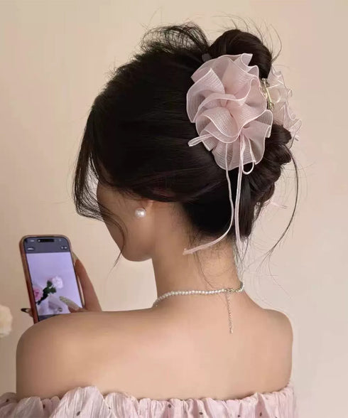 チュールバンスクリップリボンヘアクリップ バンスクリップ大きめ ビッグヘアクリップ ボリュームヘアアクセサリー 韓国風ヘアクリップ 大人可愛いヘアアクセ上品髪飾り 83SUIMIN-002