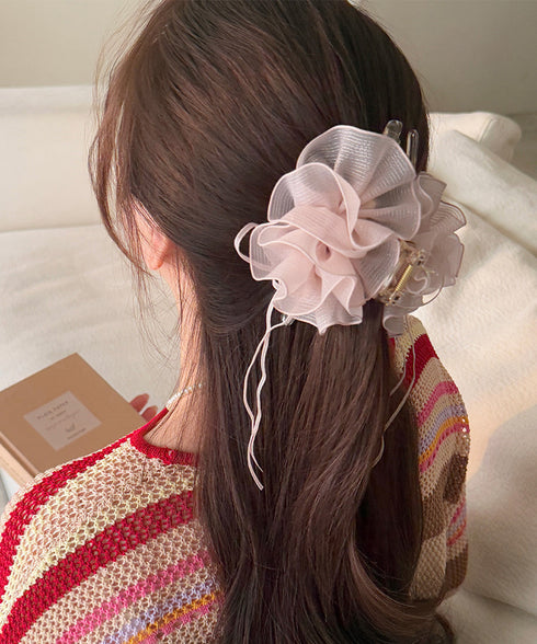 チュールバンスクリップリボンヘアクリップ バンスクリップ大きめ ビッグヘアクリップ ボリュームヘアアクセサリー 韓国風ヘアクリップ 大人可愛いヘアアクセ上品髪飾り 83SUIMIN-002