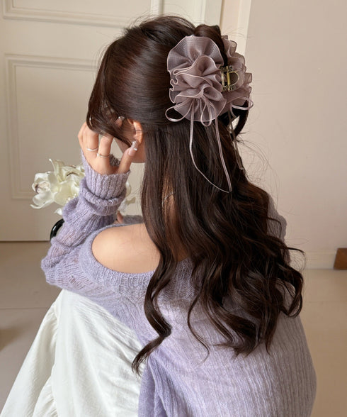 チュールバンスクリップリボンヘアクリップ バンスクリップ大きめ ビッグヘアクリップ ボリュームヘアアクセサリー 韓国風ヘアクリップ 大人可愛いヘアアクセ上品髪飾り 83SUIMIN-002
