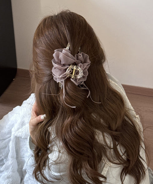 チュールバンスクリップリボンヘアクリップ バンスクリップ大きめ ビッグヘアクリップ ボリュームヘアアクセサリー 韓国風ヘアクリップ 大人可愛いヘアアクセ上品髪飾り 83SUIMIN-002