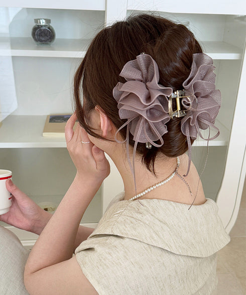 チュールバンスクリップリボンヘアクリップ バンスクリップ大きめ ビッグヘアクリップ ボリュームヘアアクセサリー 韓国風ヘアクリップ 大人可愛いヘアアクセ上品髪飾り 83SUIMIN-002