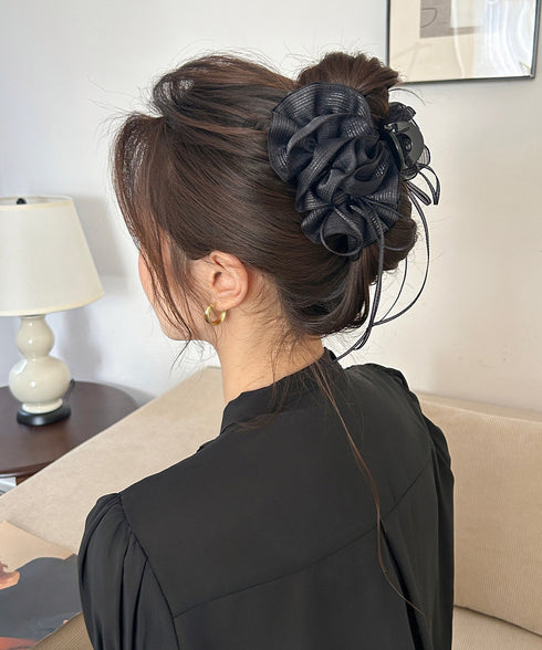 チュールバンスクリップリボンヘアクリップ バンスクリップ大きめ ビッグヘアクリップ ボリュームヘアアクセサリー 韓国風ヘアクリップ 大人可愛いヘアアクセ上品髪飾り 83SUIMIN-002