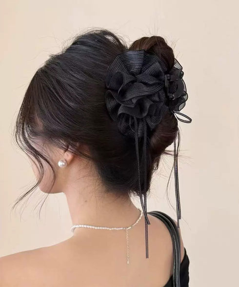 チュールバンスクリップリボンヘアクリップ バンスクリップ大きめ ビッグヘアクリップ ボリュームヘアアクセサリー 韓国風ヘアクリップ 大人可愛いヘアアクセ上品髪飾り 83SUIMIN-002