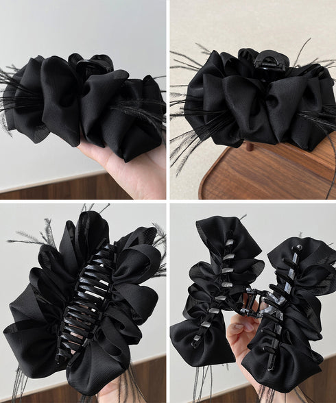 大きめバンスクリップ黒フェザーヘアアクセ 韓国風上品華やかボリュームシュシュ風ヘアクリップ 大人っぽいフリル黒髪飾り キラキラビジュー高級感ヘアアクセサリー髪留め 83SUIMIN-003