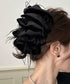 大きめバンスクリップ黒フェザーヘアアクセ 韓国風上品華やかボリュームシュシュ風ヘアクリップ 大人っぽいフリル黒髪飾り キラキラビジュー高級感ヘアアクセサリー髪留め 83SUIMIN-003