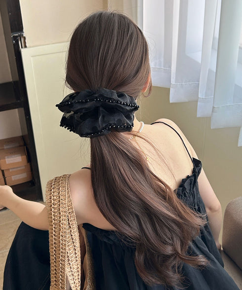 ドット柄シアーシュシュ ヘアアクセサリー 軽やかオーガンジーシュシュ フェミニンフリルまとめ髪 大人ガーリーヘアゴム韓国風ポニーテールヘアアクセ おしゃれヘア飾り 83SUIMIN-007
