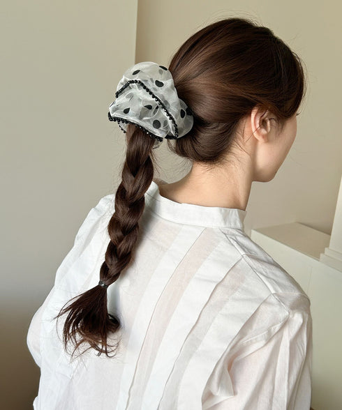 ドット柄シアーシュシュ ヘアアクセサリー 軽やかオーガンジーシュシュ フェミニンフリルまとめ髪 大人ガーリーヘアゴム韓国風ポニーテールヘアアクセ おしゃれヘア飾り 83SUIMIN-007