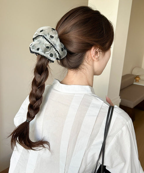 ドット柄シアーシュシュ ヘアアクセサリー 軽やかオーガンジーシュシュ フェミニンフリルまとめ髪 大人ガーリーヘアゴム韓国風ポニーテールヘアアクセ おしゃれヘア飾り 83SUIMIN-007