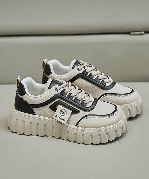 厚底スニーカー レディース ローカット靴 おしゃれ フラットシューズ 韓国風 レースアップ靴 美脚脚長 歩きやすい靴 バイカラーPUレザースニーカー カジュアル靴 83SURUI-002