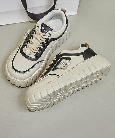 厚底スニーカー レディース ローカット靴 おしゃれ フラットシューズ 韓国風 レースアップ靴 美脚脚長 歩きやすい靴 バイカラーPUレザースニーカー カジュアル靴 83SURUI-002