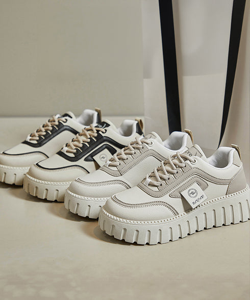 厚底スニーカー レディース ローカット靴 おしゃれ フラットシューズ 韓国風 レースアップ靴 美脚脚長 歩きやすい靴 バイカラーPUレザースニーカー カジュアル靴 83SURUI-002