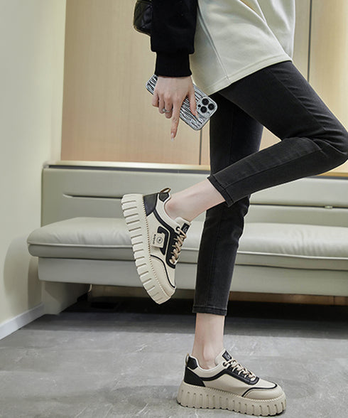 厚底スニーカー レディース ローカット靴 おしゃれ フラットシューズ 韓国風 レースアップ靴 美脚脚長 歩きやすい靴 バイカラーPUレザースニーカー カジュアル靴 83SURUI-002