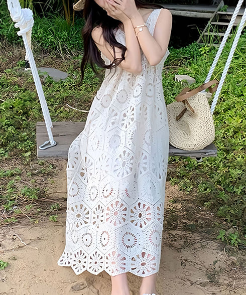 クロシェ編みキャミワンピースロングベスト かぎ針編みボヘミアンワンピース カットワーク刺しゅうワンピ 春夏秋服 透かし編みロングワンピ レイヤード Vネックワンピ 83SXD-003