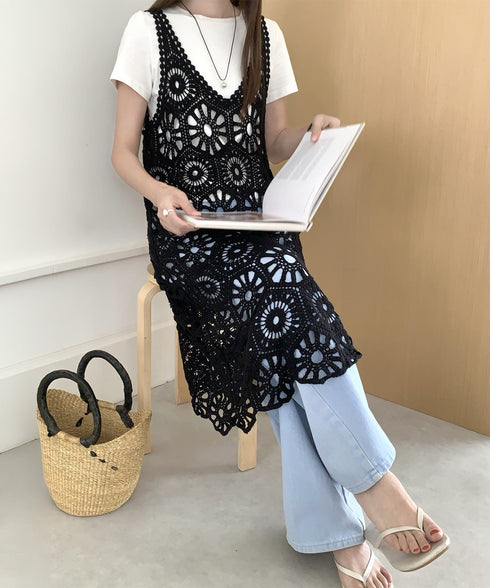 クロシェ編みキャミワンピースロングベスト かぎ針編みボヘミアンワンピース カットワーク刺しゅうワンピ 春夏秋服 透かし編みロングワンピ レイヤード Vネックワンピ 83SXD-003