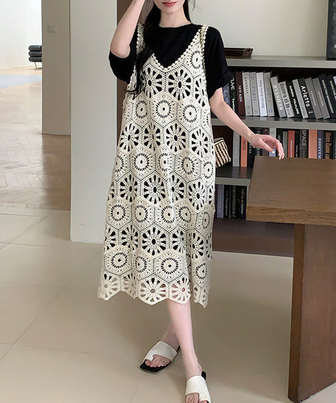 クロシェ編みキャミワンピースロングベスト かぎ針編みボヘミアンワンピース カットワーク刺しゅうワンピ 春夏秋服 透かし編みロングワンピ レイヤード Vネックワンピ 83SXD-003