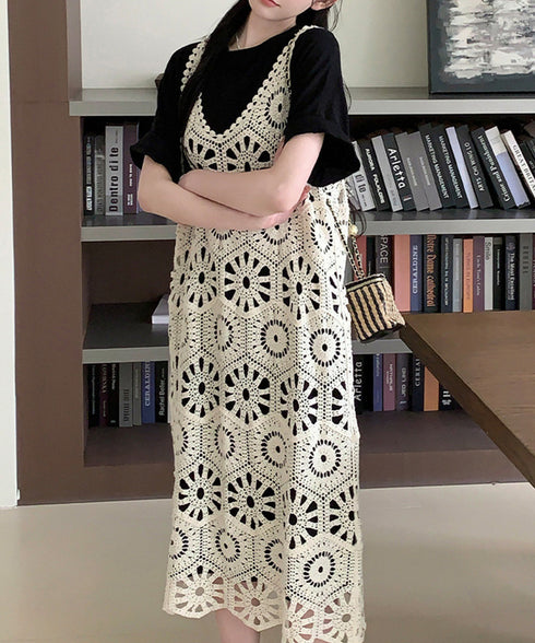 クロシェ編みキャミワンピースロングベスト かぎ針編みボヘミアンワンピース カットワーク刺しゅうワンピ 春夏秋服 透かし編みロングワンピ レイヤード Vネックワンピ 83SXD-003