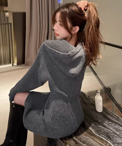 ミニニットワンピース フード付き 韓国風 レディース 大人可愛い ハイウエスト 長袖リブワンピース 秋冬 ウエストマーク セクシー ショート丈ワンピース おしゃれ 83SXH-006