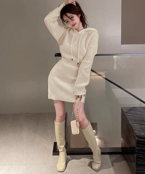 ミニニットワンピース フード付き 韓国風 レディース 大人可愛い ハイウエスト 長袖リブワンピース 秋冬 ウエストマーク セクシー ショート丈ワンピース おしゃれ 83SXH-006