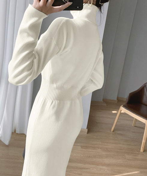 タートルネック ニットワンピース 上品 オフィスカジュアル ロングワンピース きれいめ ウエストマーク レディース 秋冬 タイトワンピ 無地 ハイウエスト着やせ 83SXH-007