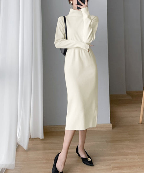 タートルネック ニットワンピース 上品 オフィスカジュアル ロングワンピース きれいめ ウエストマーク レディース 秋冬 タイトワンピ 無地 ハイウエスト着やせ 83SXH-007